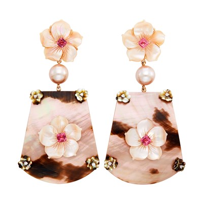 Lot 602 - Pair of Rose Gold, Pink Mother-of-Pearl, Pink Freshwater Pearl, Pink Tourmaline and Diamond Pendant-Earclips