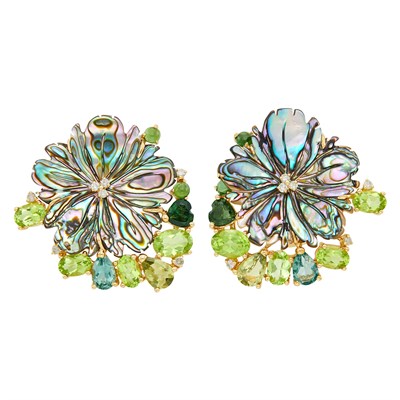 Lot 769 - Pair of Rose Gold, Abalone Shell, Peridot, Green Tourmaline and Diamond Flower Earclips
