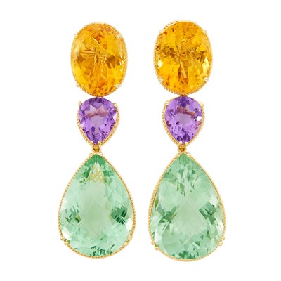 Lot 732 - Pair of Gold and Multicolored Stone Pendant-Earclips