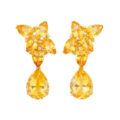 Lot 445 - Pair of Gold, Citrine and Diamond Pendant-Earrings