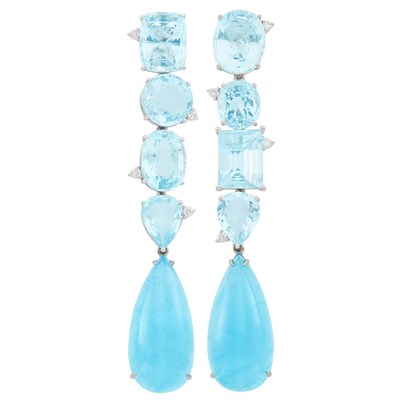 Lot 597 - Pair of White Gold, Aquamarine and Diamond Pendant-Earrings