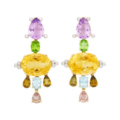 Lot 436 - Pair of Gold, Colored Stone and Diamond Pendant-Earclips