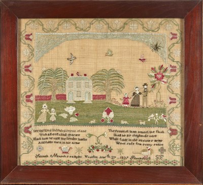 Lot 355 - Silk-on-Linen Pictorial Linen Sampler Worked...