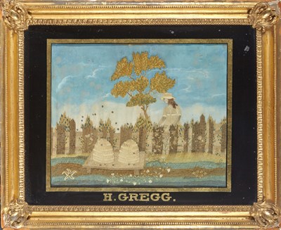 Lot 197 - Watercolor and Silk-on-Silk Needlework Picture...