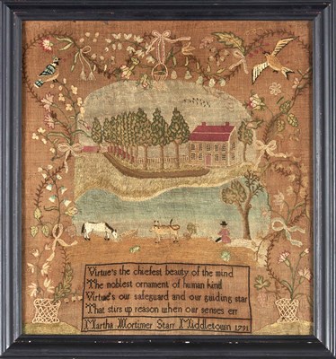 Lot 391 - Silk-on-Linen Pictorial Sampler Worked by...
