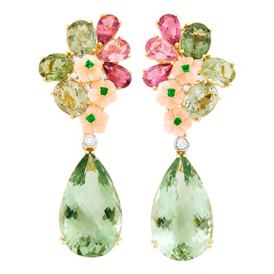 Lot 435 - Pair of Gold, Colored Stone, Carved Angel Skin Coral, Diamond and Green Quartz Pendant-Earclips