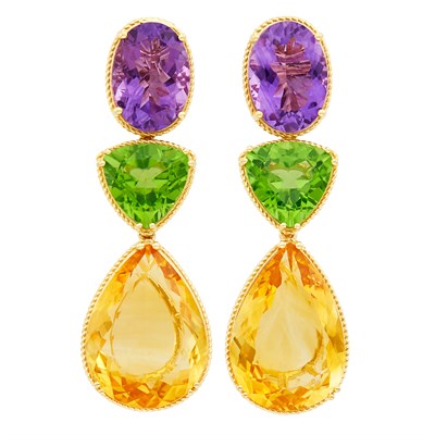 Lot 52 - Pair of Gold, Amethyst, Peridot and Citrine Pendant-Earclips