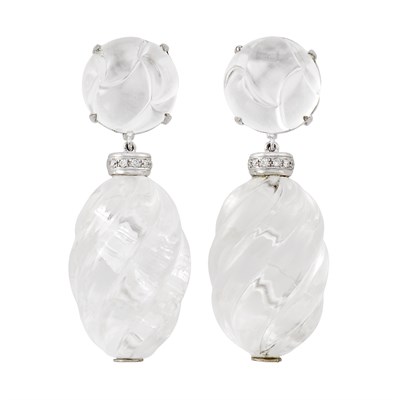 Lot 522 - Pair of White Gold, Fluted Rock Crystal and Diamond Pendant-Earclips