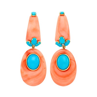 Lot 375 - Pair of Gold, Coral, Turquoise and Diamond Pendant-Earclips