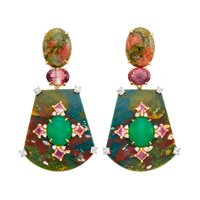 Lot 756 - Pair of Gold, Agate, Bi-Color Tourmaline, Chrysoprase, Morganite, White Sapphire and Diamond Pendant-Earclips
