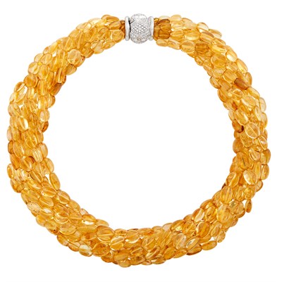 Lot 737 - Multistrand Tumbled Citrine Bead Torsade Necklace with White Gold and Diamond Clasp