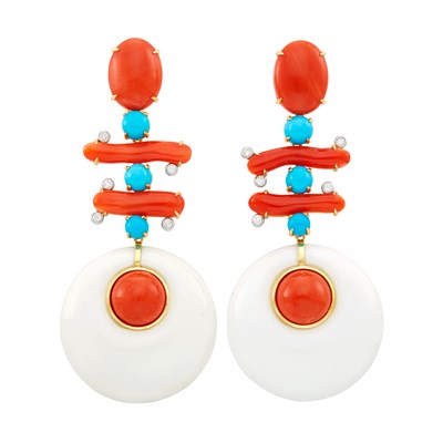 Lot 369 - Pair of Gold, Coral, White Agate, Turquoise and Diamond Pendant-Earclips