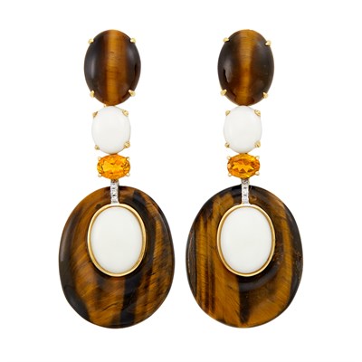 Lot 376 - Pair of Gold, Tiger's Eye, White Coral, Citrine and Diamond Pendant-Earrings