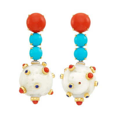 Lot 371 - Pair of Gold, Carved White Quartzite, Coral, Turquoise, Tanzanite and Diamond Pendant-Earclips