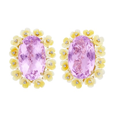 Lot 511 - Pair of Gold, Amethyst, Carved Mother-of-Pearl and Diamond Earclips