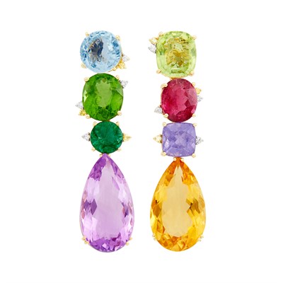 Lot 450 - Pair of Gold, Multicolored Stone and Diamond Pendant-Earclips