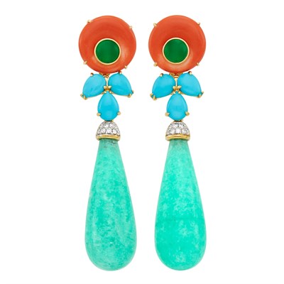 Lot 714 - Pair of Gold, Dyed Jade, Reconstituted Turquoise, Coral, Green Onyx and Diamond Pendant-Earrings