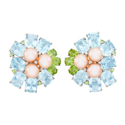 Lot 201 - Pair of White Gold, Aquamarine, Peridot, Freshwater Pearl and Diamond Earclips