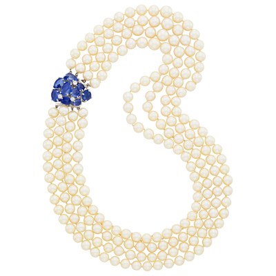 Lot 593 - Four Strand Cultured Pearl Necklace with White Gold, Cabochon Sapphire, Sapphire and Diamond Clasp
