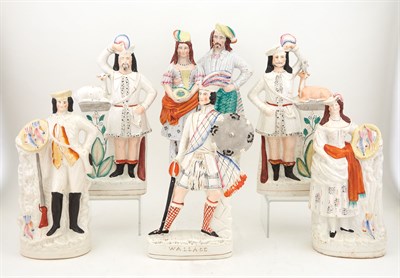Lot 344 - Group of Six Staffordshire Pottery Figures and...