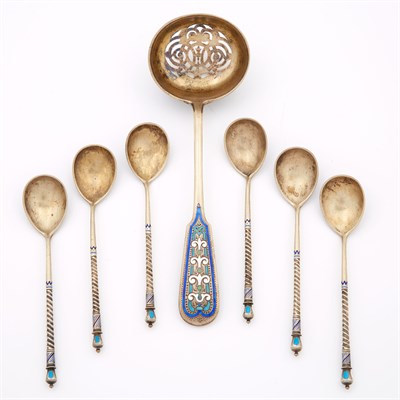 Lot 186 - Set of Six Russian Silver and Champlevé Enamel...