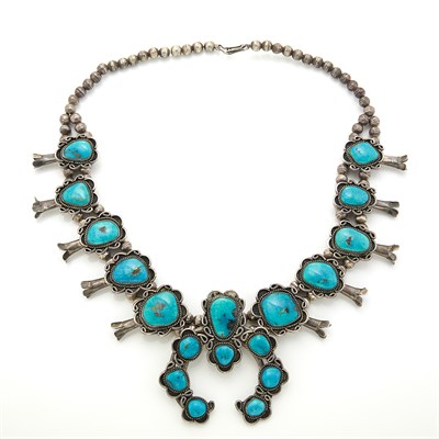 Lot 1804 - Silver and Turquoise Squash Blossom Pendant-Brooch Necklace