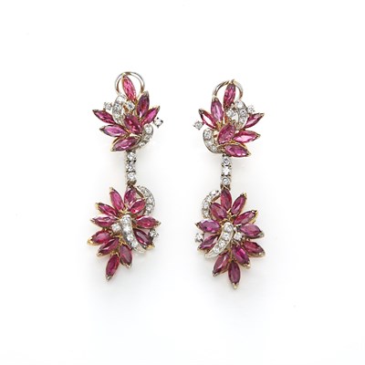 Lot 1505 - Pair of Two-Color Gold, Ruby and Diamond Pendant-Earrings