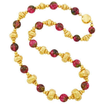 Lot 744 - Gold and Dyed Watermelon Quartz Bead Necklace