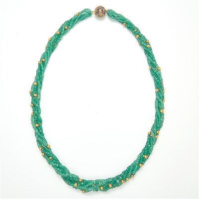 Lot 1236 - Six Strand Emerald and Gold Bead Torsade Necklace with Gold and Colored Stone Ball Clasp