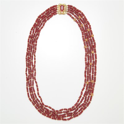 Lot 1657 - Five Strand Ruby and Gold Bead Necklace with Gold, Ruby and Diamond Clasp