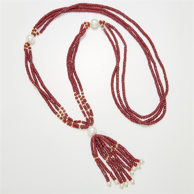 Lot 1653 - Triple Strand Ruby Bead and Freshwater Pearl Tassel Sautoir