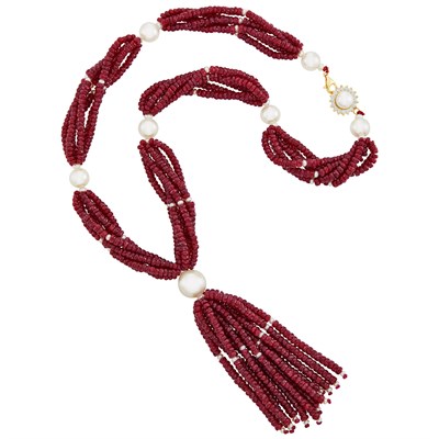 Lot 575 - Six Strand Ruby Bead and Freshwater Pearl Sautoir with Cultured Pearl and Diamond Clasp