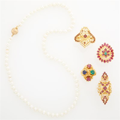 Lot 1545 - Four Gold and Gem-Set Rings and Freshwater Pearl Necklace
