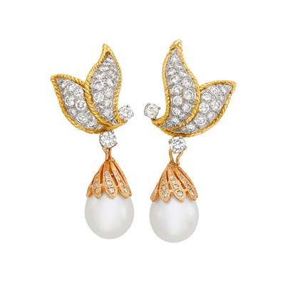 Lot 122 - Pair of Tricolor Gold, Diamond and South Sea Cultured Pearl Pendant-Earclips