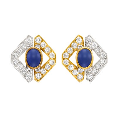 Lot 268 - Pair of Two-Color Gold, Cabochon Sapphire and Diamond Earclips