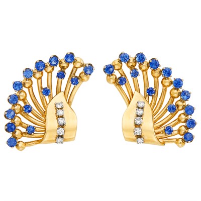 Lot 301 - Pair of Gold, Platinum, Sapphire and Diamond Spray Earclips