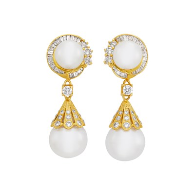 Lot 751 - Pair of Gold, Diamond and South Sea Cultured Pearl Pendant-Earclips