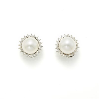 Lot 1158 - Pair of White Gold, South Sea Cultured Pearl and Diamond Earclips