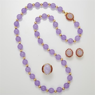 Lot 1125 - Dyed Purple Quartz and Gold Necklace, Lavender Jade, Ruby and Diamond Ring and Pair of Earclips