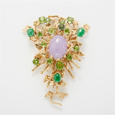 Lot 1455 - Gold, Lavender Jade, Jade and Peridot Brooch