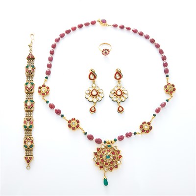 Lot 1655 - Indian Gold, Ruby Bead, Foil-Backed Diamond and Jaipur Enamel Jewelry