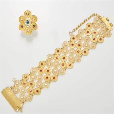 Lot 1472 - Wide High Karat Gold, Simulated Diamond and Ruby Bracelet and Gem-Set Ring