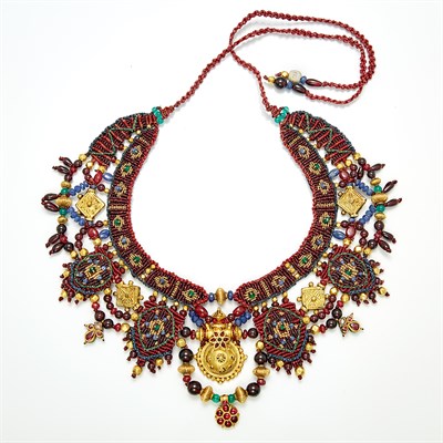 Lot 1660 - Indian Multicolored Stone Bead, Gold, and Embroidered Silk Bib Necklace