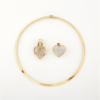 Lot 1126 - Gold Necklace with Two Two-Color Gold and Diamond Pendants