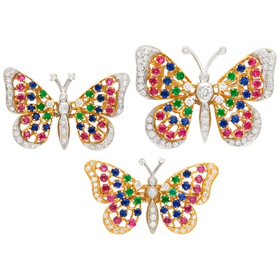 Lot 295 - Three Two-Color Gold, Diamond and Gem-Set Butterfly 'En Tremblant' Brooches