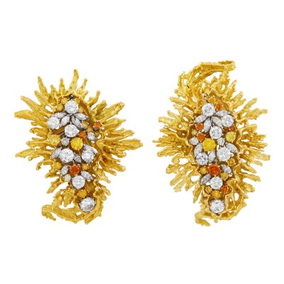 Lot 828 - Pair of White Gold, Diamond and Colored Diamond Pendant-Earclips with Gold Brooch Jackets/Stud Earring Combination