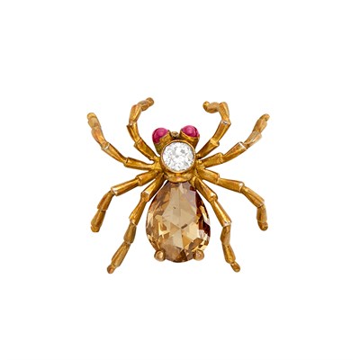 Lot 561 - Antique Gold, Brown Diamond, Diamond and Cabochon Ruby Spider Brooch