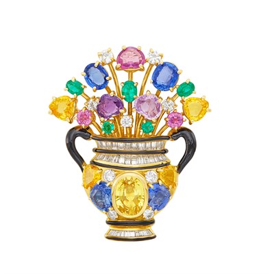 Lot 49 - Gold, Multicolored Sapphire, Diamond and Black Enamel Flower Urn Clip-Brooch