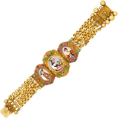 Lot 146 - Antique Five Strand Gold, Gem-Set and Portrait Miniature 'Cantons of Switzerland' Bracelet