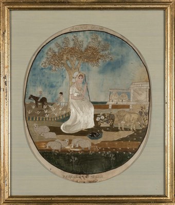 Lot 378 - Silk and Watercolor Picture of a Rural Scene...